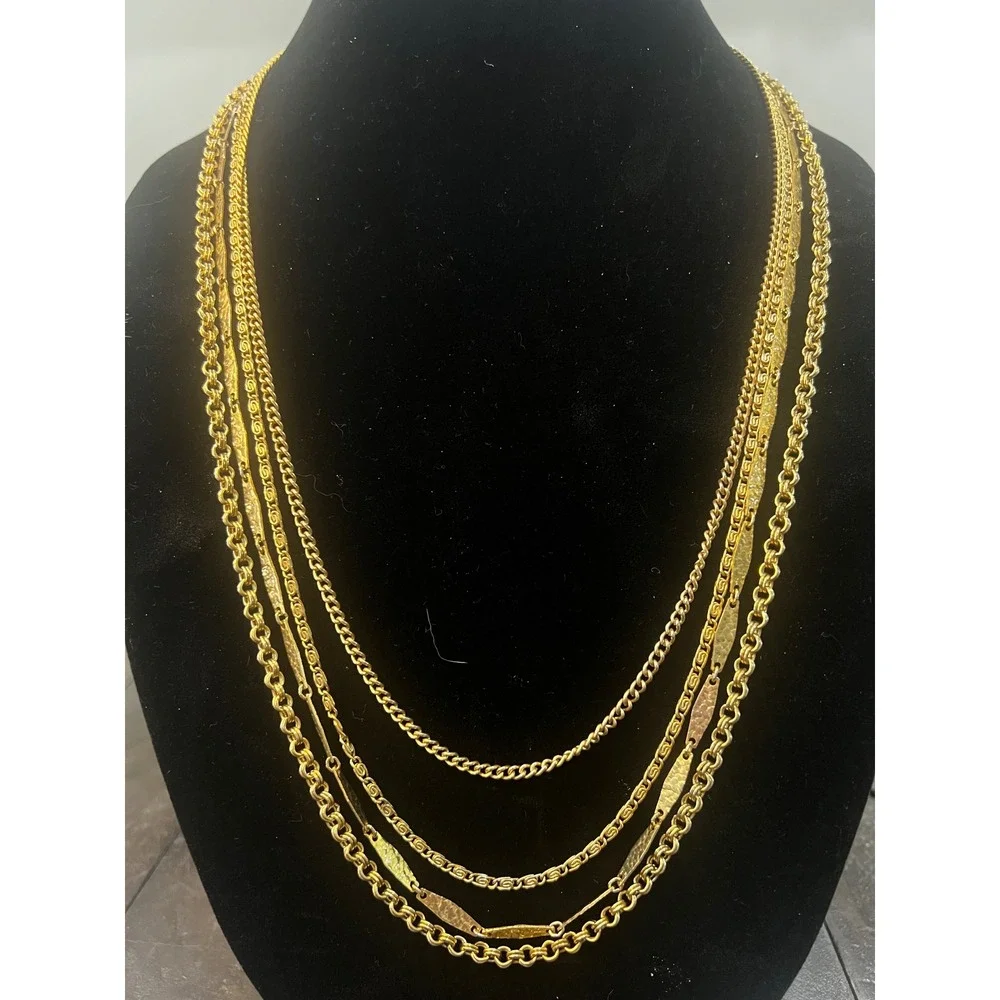 Vtg 80s Gold Multi Strand Layered Necklace Hammered Bar Filigree Clasp Boho Glam